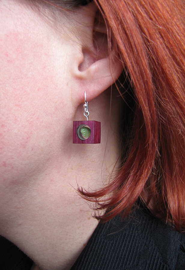 Earrings PurpleHeart wood Emerald Nerite : $56