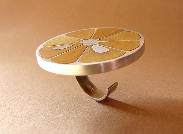 Lemon Slice Ring in Piquia Amerello wood and silver : $475