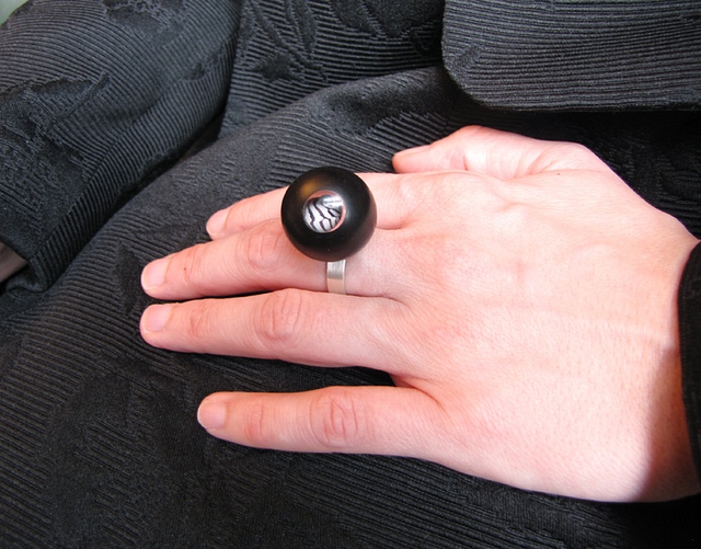 Contemporary Ring Sphere Ebony and Zebra shell magnified : $110