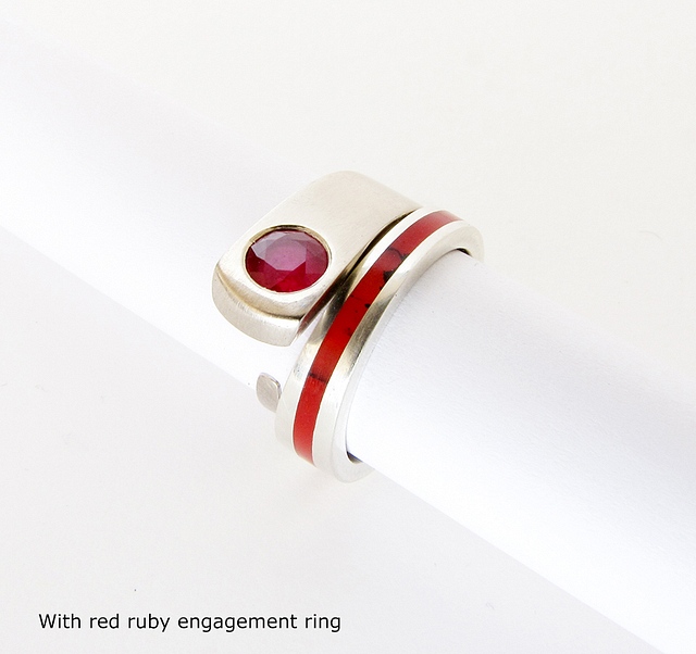 Wedding band Ring - 9ct White gold with Bloody Basin Jasper