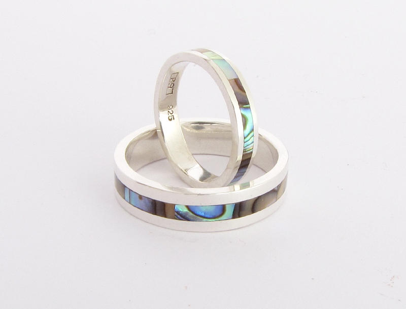 Wedding Band Ring, White Gold inlaid Paua Abalone Mother of Pearl inlay