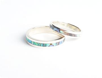 Wedding Band Ring, White Gold inlaid Paua Abalone Mother of Pearl inlay