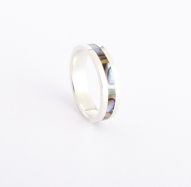 Wedding Band Ring, White Gold inlaid Paua Abalone Mother of Pearl inlay