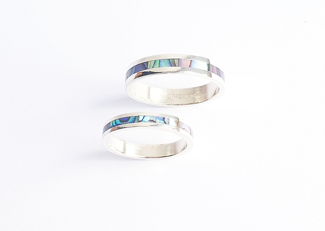 Wedding Band Ring, White Gold inlaid Paua Abalone Mother of Pearl inlay