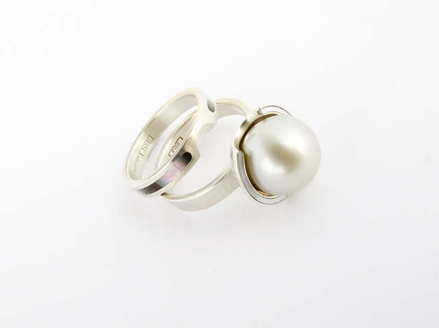 Wedding Set White Gold with Tahitian Pearl with Mother of Pearl Inlay