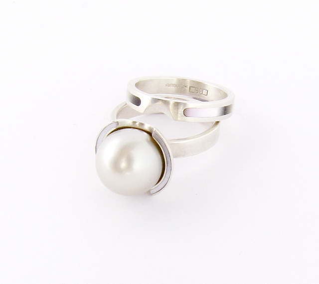 Wedding Set White Gold with Tahitian Pearl with Mother of Pearl Inlay